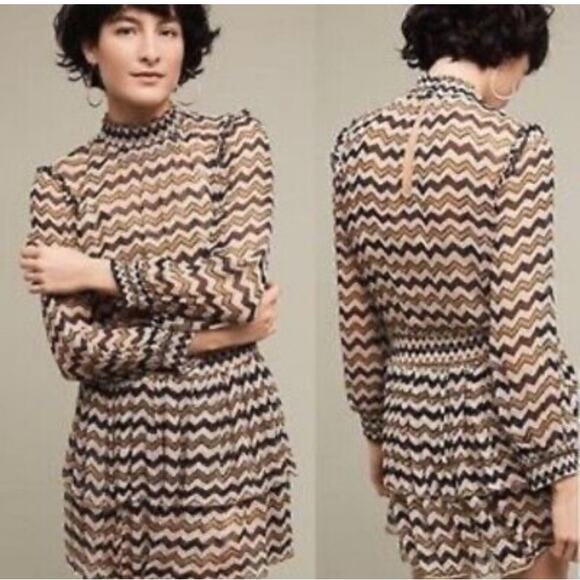 Anthropologie HD Paris Sierade Chevron Ruffle Boho Mini Dress SZ 4 Sheer Retro - Picture 1 of 10